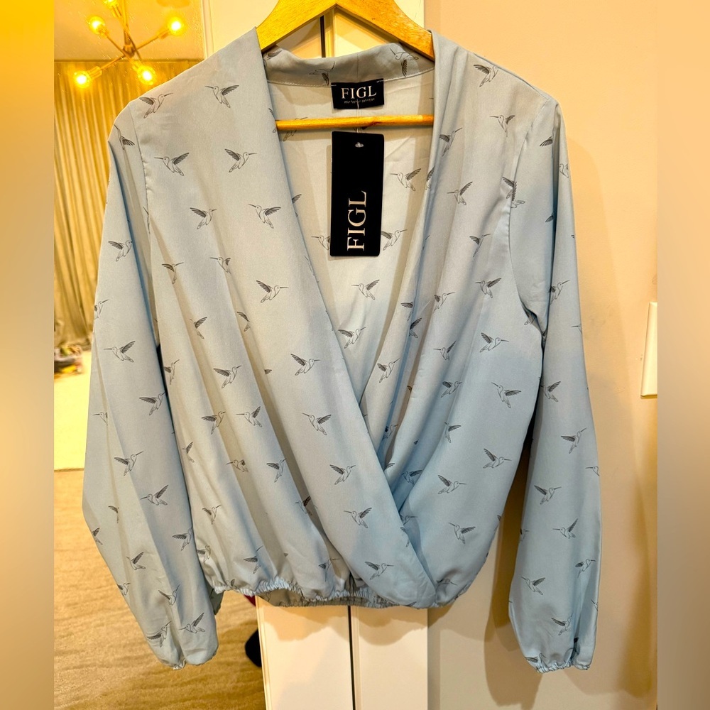 FIGL Faux Wrap Blue Blouse Size Medium NWT